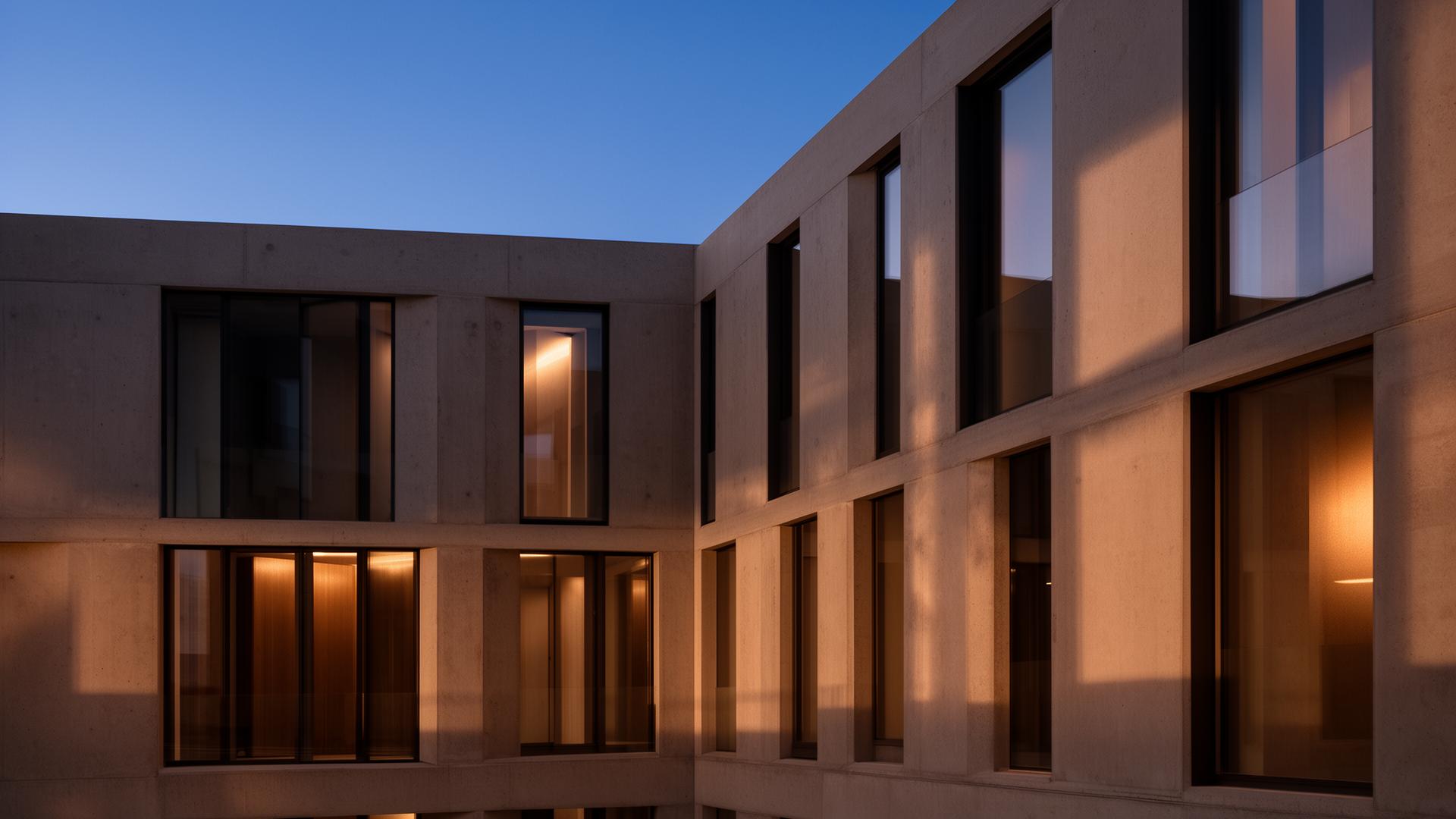 Modern concrete-and-glass new-build architecture at dusk